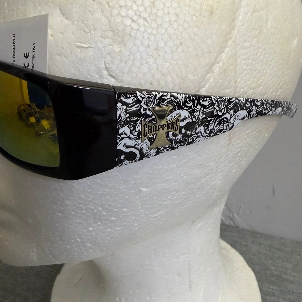 Choppers Sunglasses Mens OS Black 6775-YLW Skull Print Mirrored Y2K Biker Shades